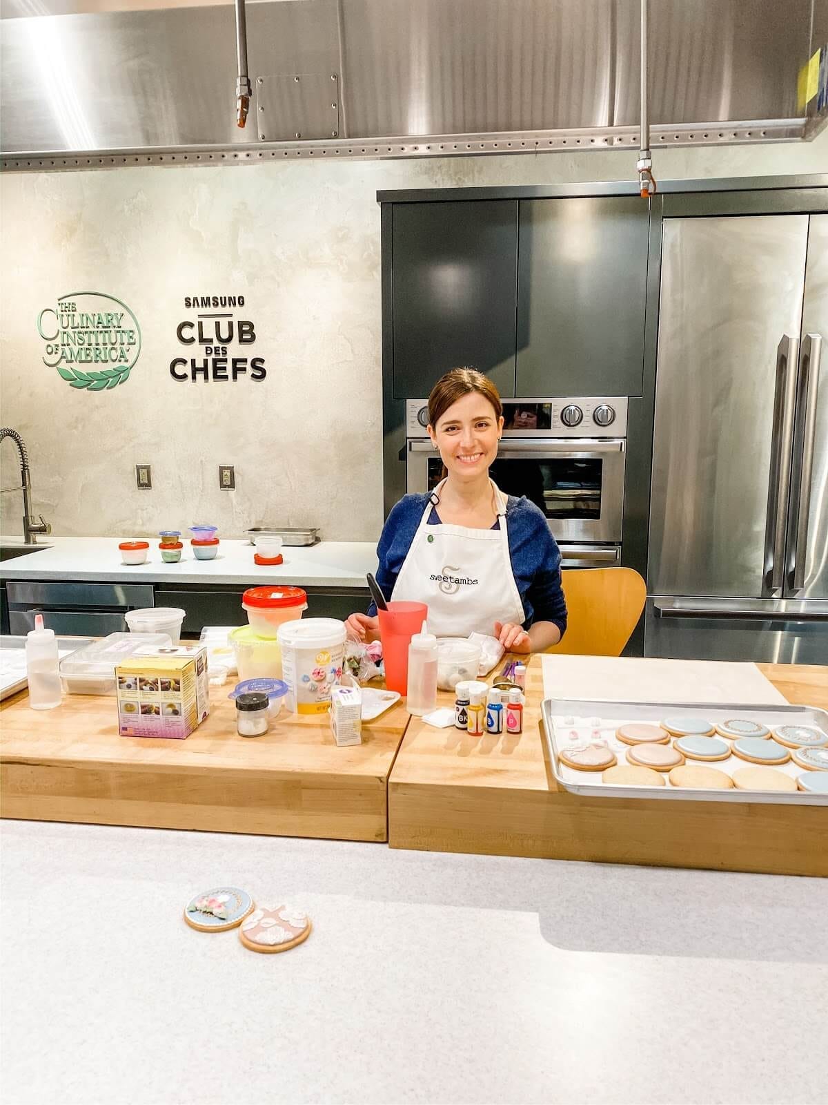 Amber Spiegel giving a demonstration at the Culinary Institute of America