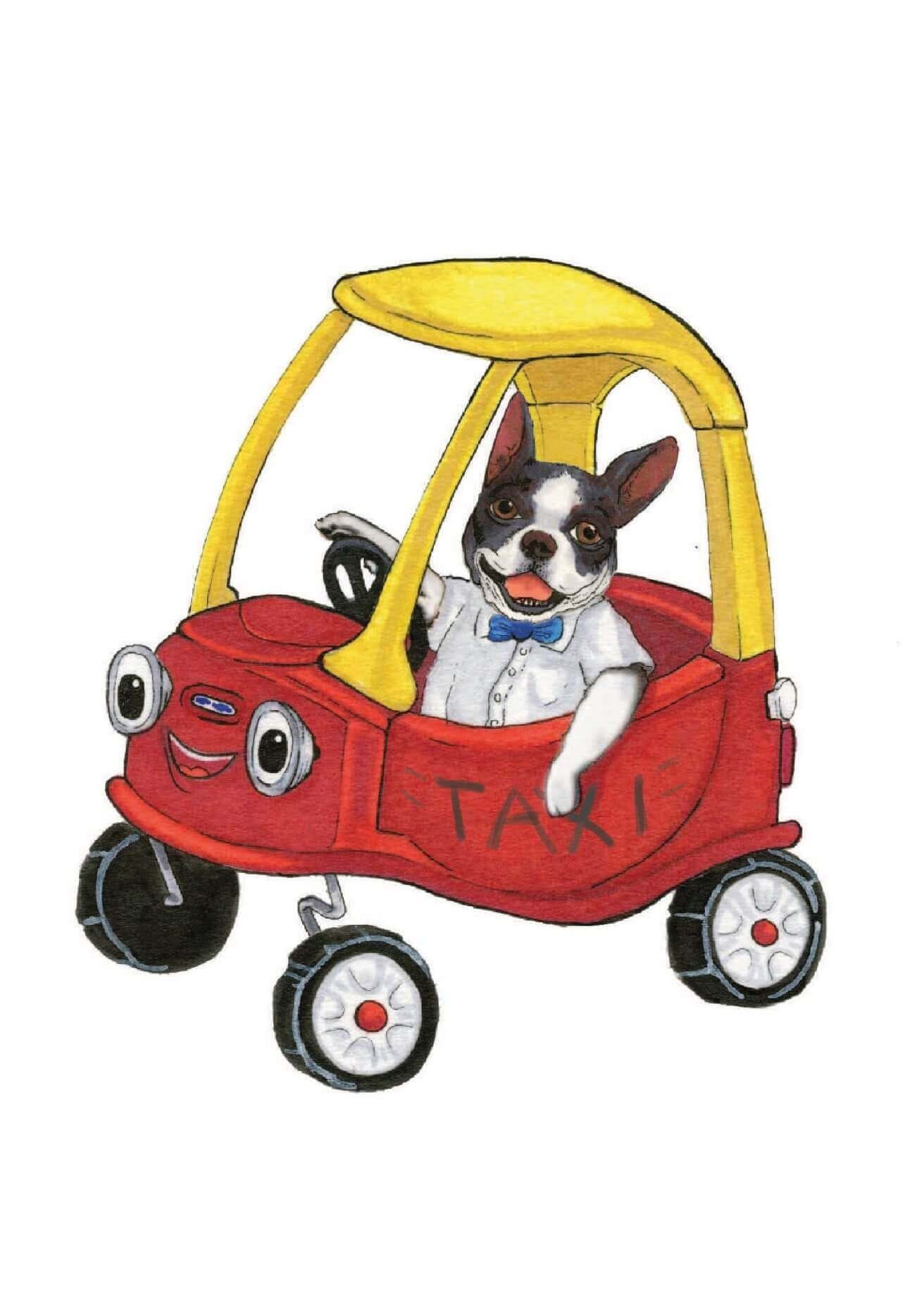 A dog in a child's toy car illustration by Julia Green