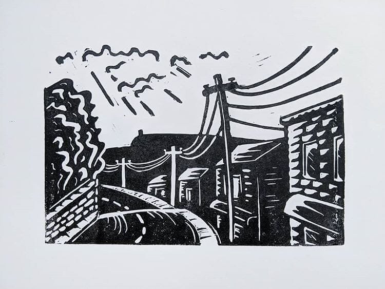 A linocut representation of Main Street New Paltz, by Milo Axelrod